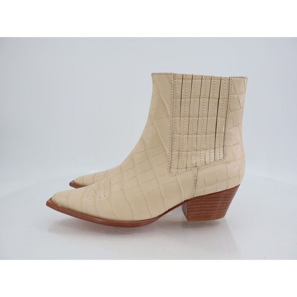 Schutz Briani Crocodile Embossed Leather Bootie Western Ivory Chelsea Pointy 5B - Picture 3 of 11